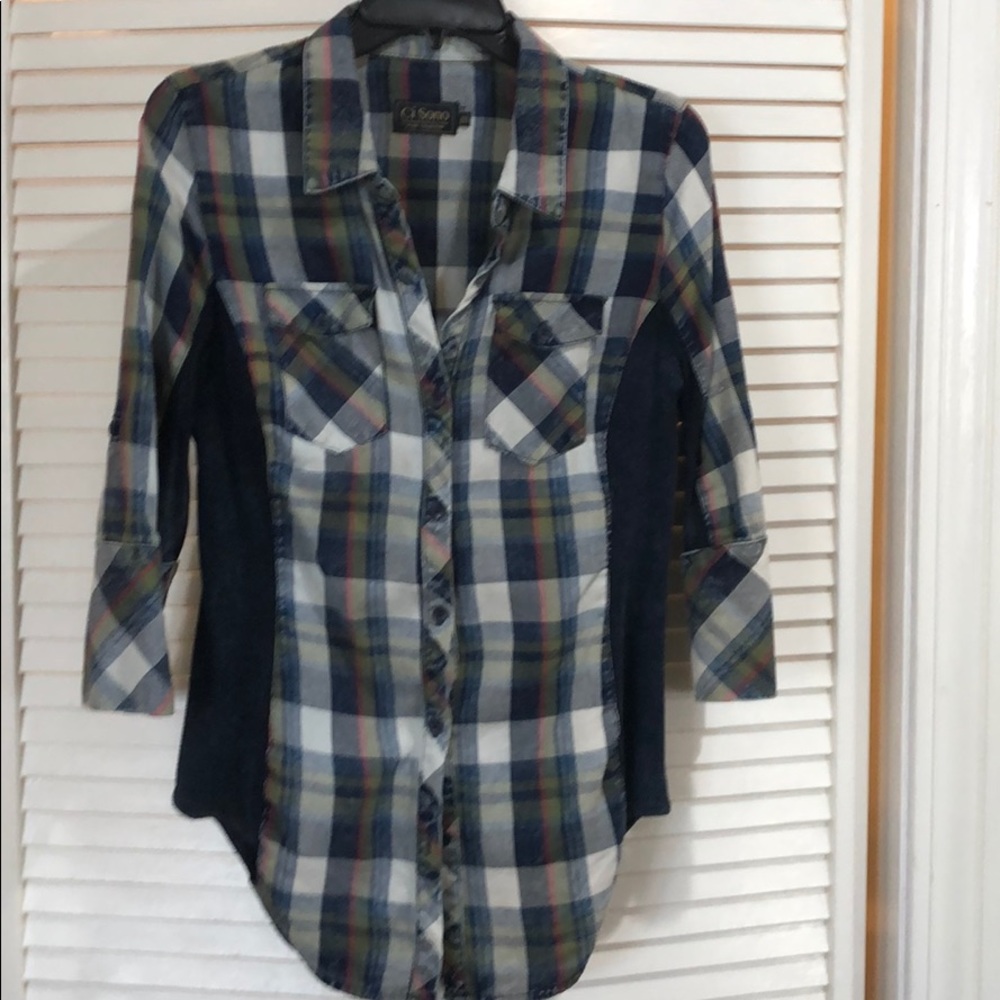 Ci Sono Blue Plaid Western Top, Gusset side, Med